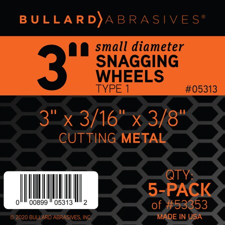 Bullard Abrasives Small Dia Snagging Wheels, 3 x 3/16 x 3/8, T1, PK5 5313